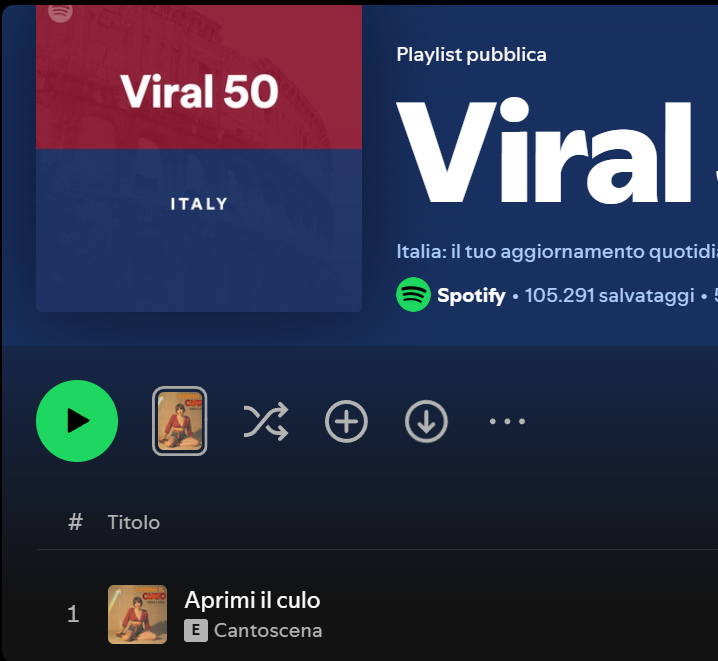 Da un paio di giorni "Aprimi il culo" è al numero uno della Top Viral 50 Italy di Spotify.

Grazie di ❤️

#cantoscena #topviral50 #spotify