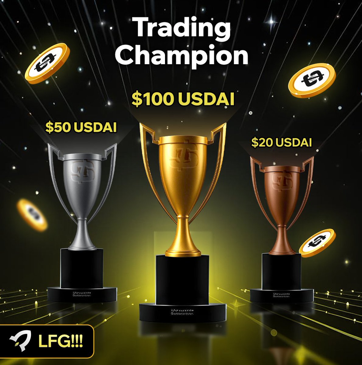 [NEW MISSION ON LFG!!!]

The Trading Champion🏆 – Weekly Mission(W1)

Mission Requirement:
✅Trade spot with a minimum weekly volume of $1,000.
✅The Top 3 Traders on the leaderboard will win rewards!

Rewards:
🥇 1st Place: $100 USDAI Trial Funds
🥈 2nd Place: $50 USDAI Trial