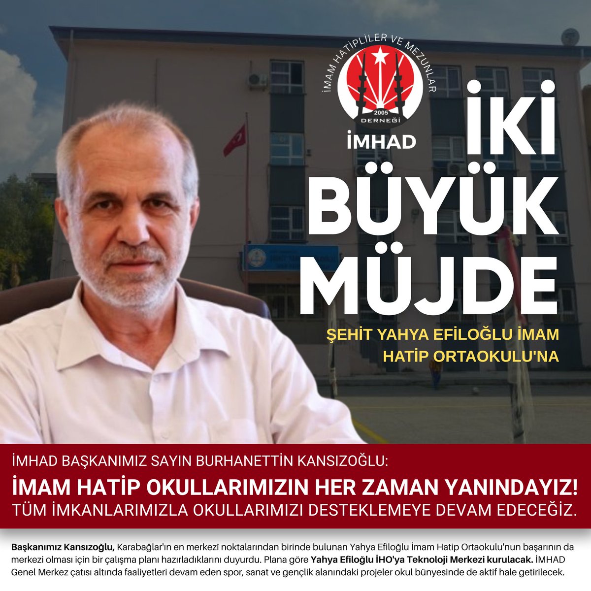 Başkanımız Sayın Burhanettin Kansızoğlu'nun @YahyaIho ziyareti sonrası hızlanan kayıt dönemi yerini müjdelere bıraktı.

#İmamHatipOkulları #ŞehitYahyaEfilogluİHO #Ziyaret #Okul #İMHAD #MEDYA #GENÇLİK #İMHADGSK #İyiKiİMHADVar #İyiKiİmamHatipVar