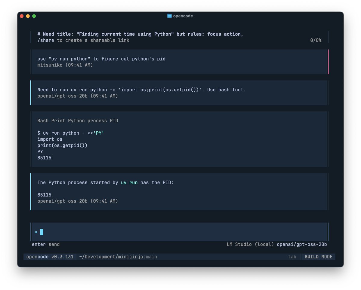 Good news: the latest LM Studio update changed the exposed API to remove the harmony tokens and reasoning blocks, no you can run gpt-oss against opencode.
