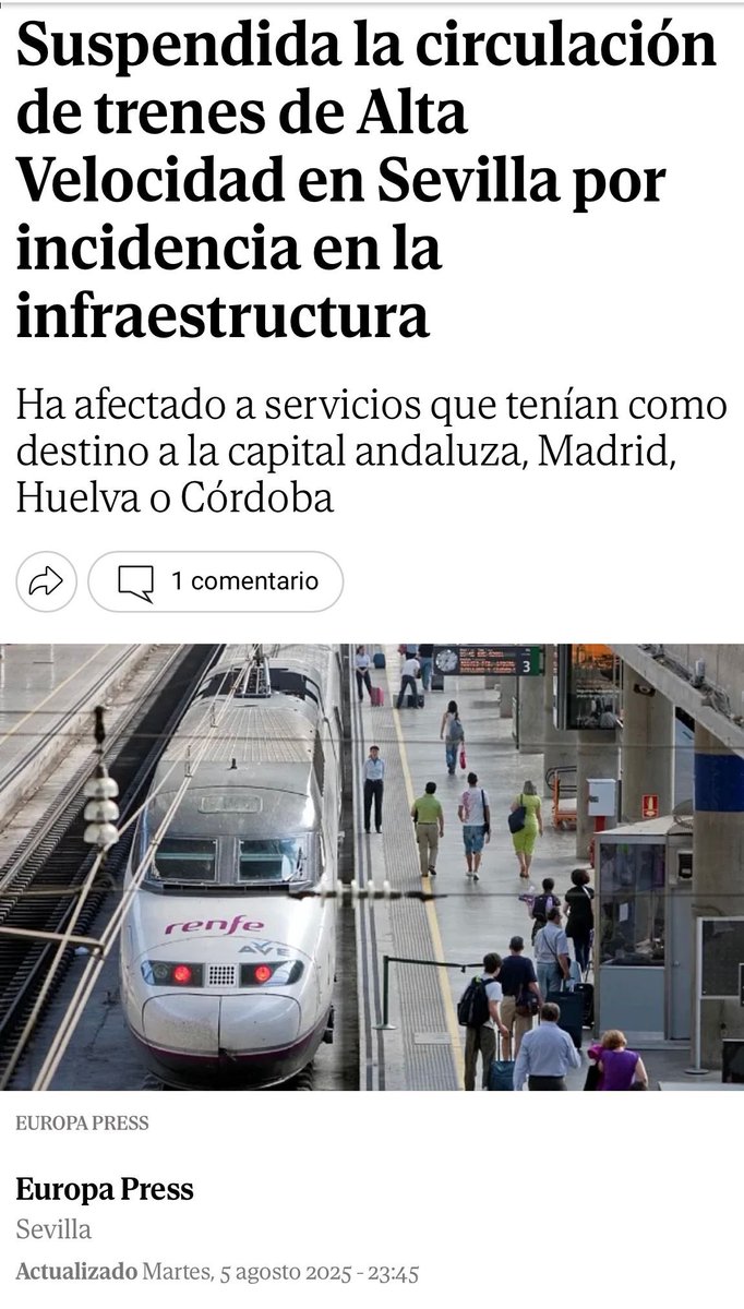 Da igual cuando leas esto (la noticia es de anoche), viene siendo la tónica casi diaria de 2025. Andalucía y sus conexiones ferroviarias por con el resto de España, condenadas por la desidia e inacción de Pedro Sánchez y Óscar Puente.