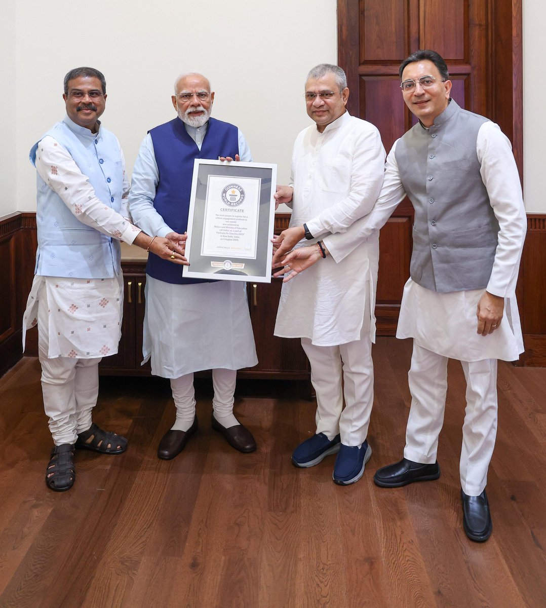 Dharmendra Pradhan (@dpradhanbjp) on Twitter photo Honoured to present the Guinness World Record Certificate for ‘Pariksha Pe Charcha’ to Hon’ble PM Shri <a href="/narendramodi/">Narendra Modi</a> ji along with Shri <a href="/AshwiniVaishnaw/">Ashwini Vaishnaw</a> and Shri <a href="/JitinPrasada/">Jitin Prasada जितिन प्रसाद</a>.
Led by PM Modi ji, Pariksha Pe Charcha has grown in scale and impact year after year. One of the Honoured to present the Guinness World Record Certificate for ‘Pariksha Pe Charcha’ to Hon’ble PM Shri <a href="/narendramodi/">Narendra Modi</a> ji along with Shri <a href="/AshwiniVaishnaw/">Ashwini Vaishnaw</a> and Shri <a href="/JitinPrasada/">Jitin Prasada जितिन प्रसाद</a>.
Led by PM Modi ji, Pariksha Pe Charcha has grown in scale and impact year after year. One of the