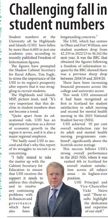 UHI has seen a significant decrease in student numbers - more than 6,000 in one year.

It’s important this doesn’t become a trend as UHI is important for both rural education and the rural economy.

I’ll be taking this up with the Cabinet Secretary to ensure UHI receives support.