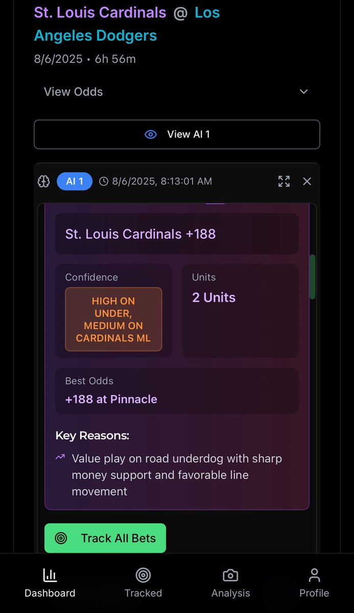 ProphytAI's tweet image. 🔥 FREE PICK OF THE DAY 🔥
Cardinals @ Dodgers - ST. LOUIS CARDINALS +188 (Pinnacle)
✅ 2 Units | Medium Confidence
📊 6h 56m until first pitch
Value play on road underdog with sharp money support + favorable line movement. Cardinals getting great plus-money against heavy public…