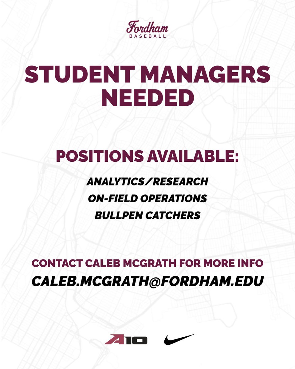 Fordham Baseball Recruiting & Analytics (@fu_bsb_recruit) on Twitter photo We're hiring! <a href="/FordhamBaseball/">Fordham Baseball</a> is looking for student managers to join the team this season.
Reach out to <a href="/calebjmcgrath/">Caleb McGrath</a> (caleb.mcgrath@fordham.edu) for more information. We're hiring! <a href="/FordhamBaseball/">Fordham Baseball</a> is looking for student managers to join the team this season.
Reach out to <a href="/calebjmcgrath/">Caleb McGrath</a> (caleb.mcgrath@fordham.edu) for more information.