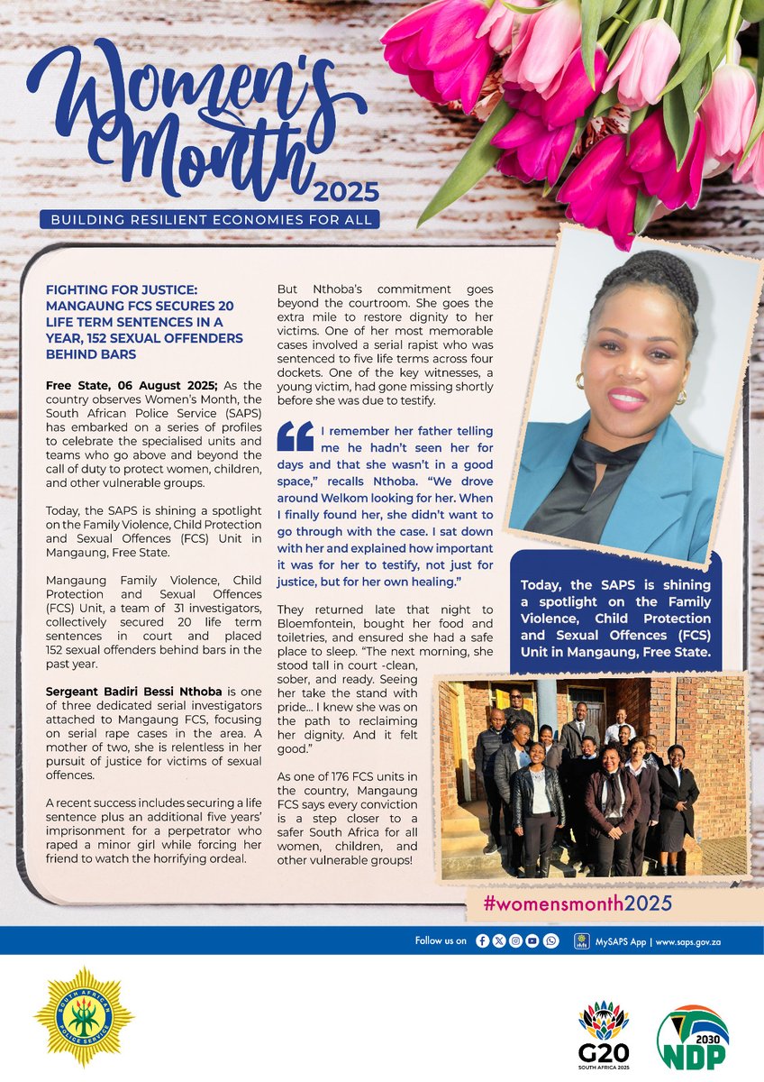 #sapsHQ #ICYMI [WOMEN'S MONTH: MEET OUR MEMBERS] #SAPS is shining a spotlight on the Family Violence, Child Protection and Sexual Offences (FCS) Unit in Mangaung, Free State.

Sergeant Badiri Bessi Nthoba is one of three dedicated  serial investigators attached to Mangaung