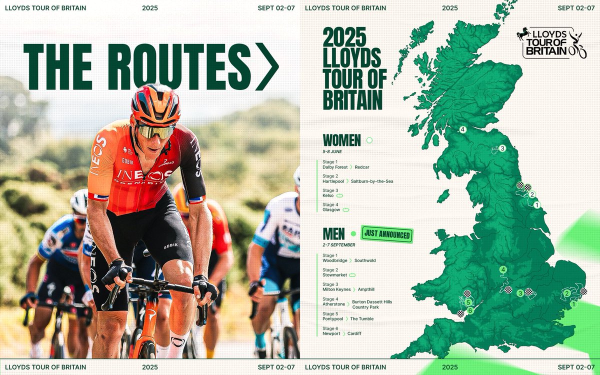 🗺️ Time to reveal the full routes for the 2025 Lloyds Tour of Britain Men!
Six stages of world-class racing across Britain, culminating in an epic finale in the Welsh capital 🏁 🐉

Where will you be watching? 👀 📍

#ToB #ToBM #TourofBritain