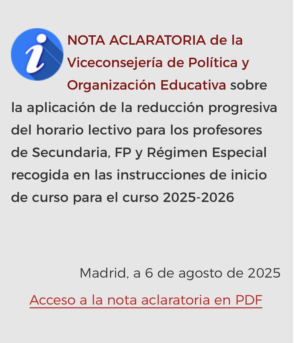 ugt_educamadrid's tweet photo. 📢 Nota aclaratoria de Viceconsejería de Política y Organización Educativa sobre la aplicación de la reducción progresiva del horario lectivo.

Acceso al documento a la nota: https://t.co/8H7qR3lQ4M https://t.co/lX16Ik6JAj