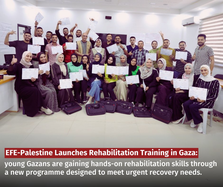 EFE-Palestine has launched a rehabilitation training programme in Gaza to address the urgent shortage of physiotherapy support. Trainees receive medical and psychosocial training, plus internships, empowering young people to support recovery across the community.