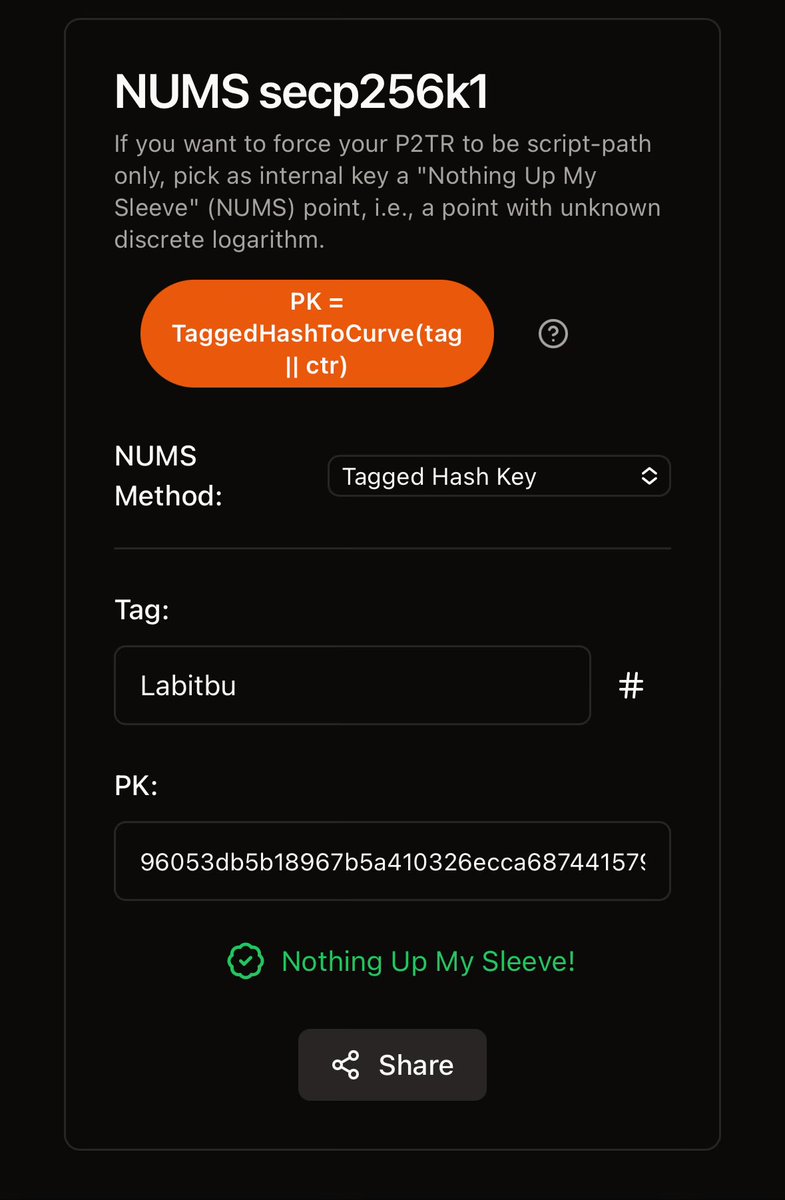 stu 🥪🥞 (@stutxo) on Twitter photo using internal key as an id was most likely a very stupid idea, make sure it’s a NUMS public key (provably unspendable) 
can use this site to check 
ty <a href="/jaoNoctus/">jaonoctus</a> 
nums-secp256k1.jaonoctus.dev/?pk=96053db5b1… using internal key as an id was most likely a very stupid idea, make sure it’s a NUMS public key (provably unspendable) 
can use this site to check 
ty <a href="/jaoNoctus/">jaonoctus</a> 
nums-secp256k1.jaonoctus.dev/?pk=96053db5b1…
