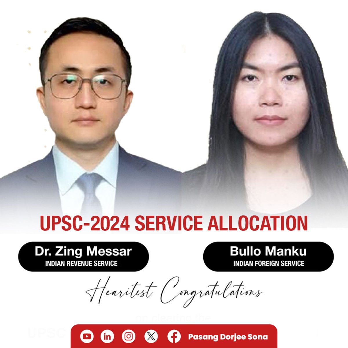 Heartiest congratulations to Dr. Zing Messar (IRS) and Bullo Manku (IFS) on their remarkable UPSC success!

Your achievement is a beacon of hope for aspiring youth across Arunachal.

Wishing you both a future filled with purpose, integrity, and impactful service to the nation.