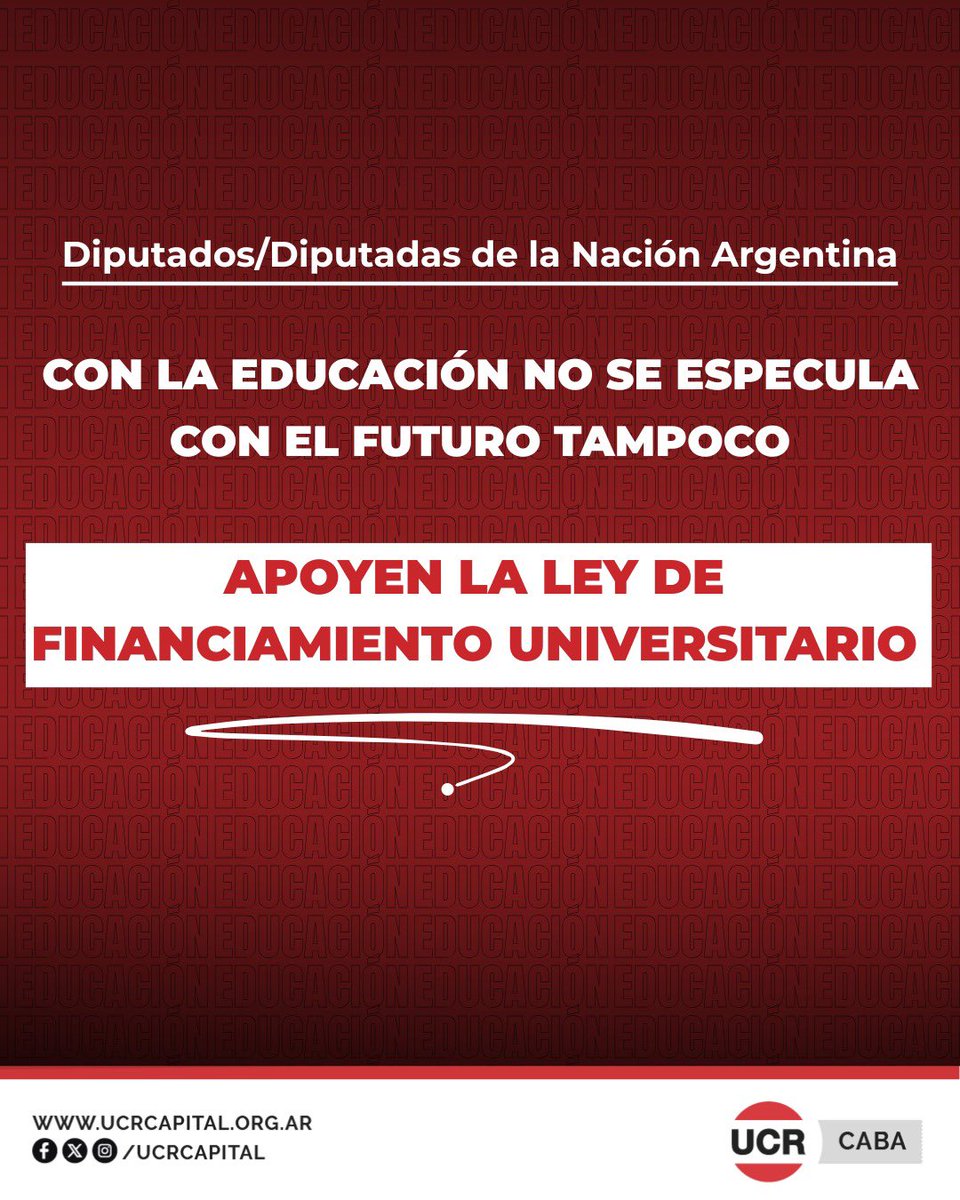 Diputados y Diputadas de la Nación:

CON LA EDUCACIÓN NO SE ESPECULA.
CON EL FUTURO TAMPOCO.

Apoyen la Ley de Financiamiento Universitario.