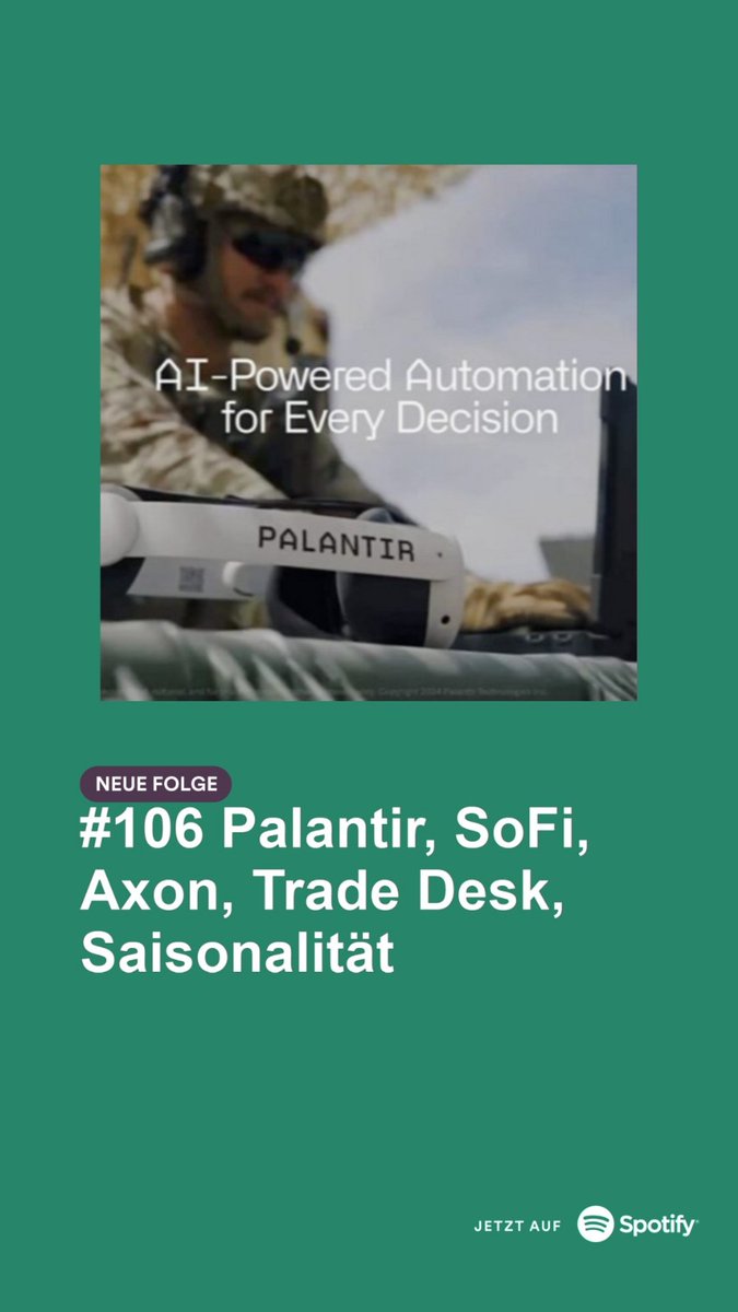 Techaktien1's tweet image. Podcast-Folge 106 &quot;Buy High. Sell Low.&quot;
Podcast abonnieren damit Palantir weiter ballert.

00:00:00 Palantir $PLTR
00:41:30 SoFi $SOFO
00:57:20 Axon $AXON
01:13:30 Trade Desk $TTD
01:25:30 Saisonalität

Spotify
open.spotify.com/episode/0c2kri…

YouTube
youtu.be/kfkuOnXQ1Ds

Apple…