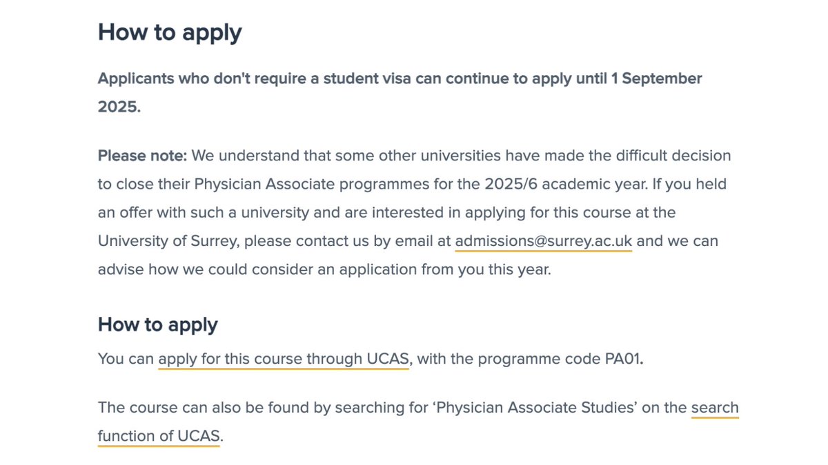 The <a href="/UniOfSurrey/">University of Surrey</a> has quietly removed the false claim that its Physician Associate PgDip is a "primary medical qualification"

But now they're targeting applicants from recently closed PA courses, with no mention of the Leng review or job market uncertainty

They want the fees 💰