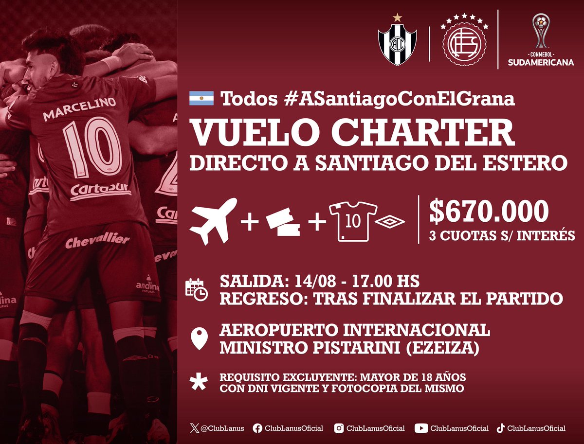 🇱🇻👏🏻 Excelente iniciativa de #LANÚS, que le regala una camiseta a los hinchas que viajan a Santiago del Estero.

▶️ Micro (110K) y vuelo chárter (670K). Además, incluye traslado y entrada.

Podés sacarlo en 3 cuotas sin interés.