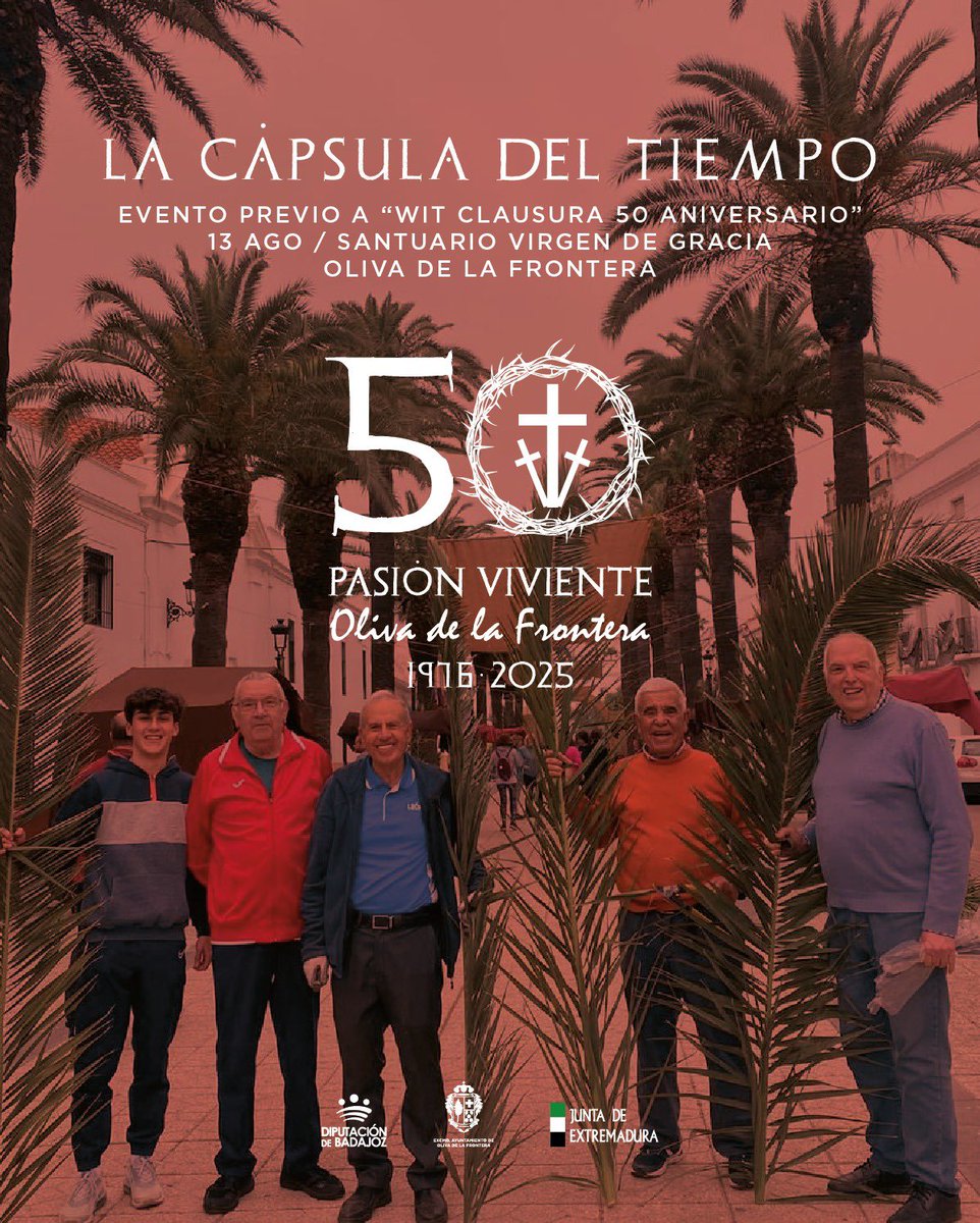 Previo al Evento del WIT y al término de la novena a Nuestra Señora la Virgen de Gracia el día 13 de agosto, será el acto de la Cápsula del tiempo, que recogerá las anécdotas y vivencias del devenir de la historia viva de la Pasión. 
¡Os esperamos! 
📍Santuario Virgen de Gracia.
