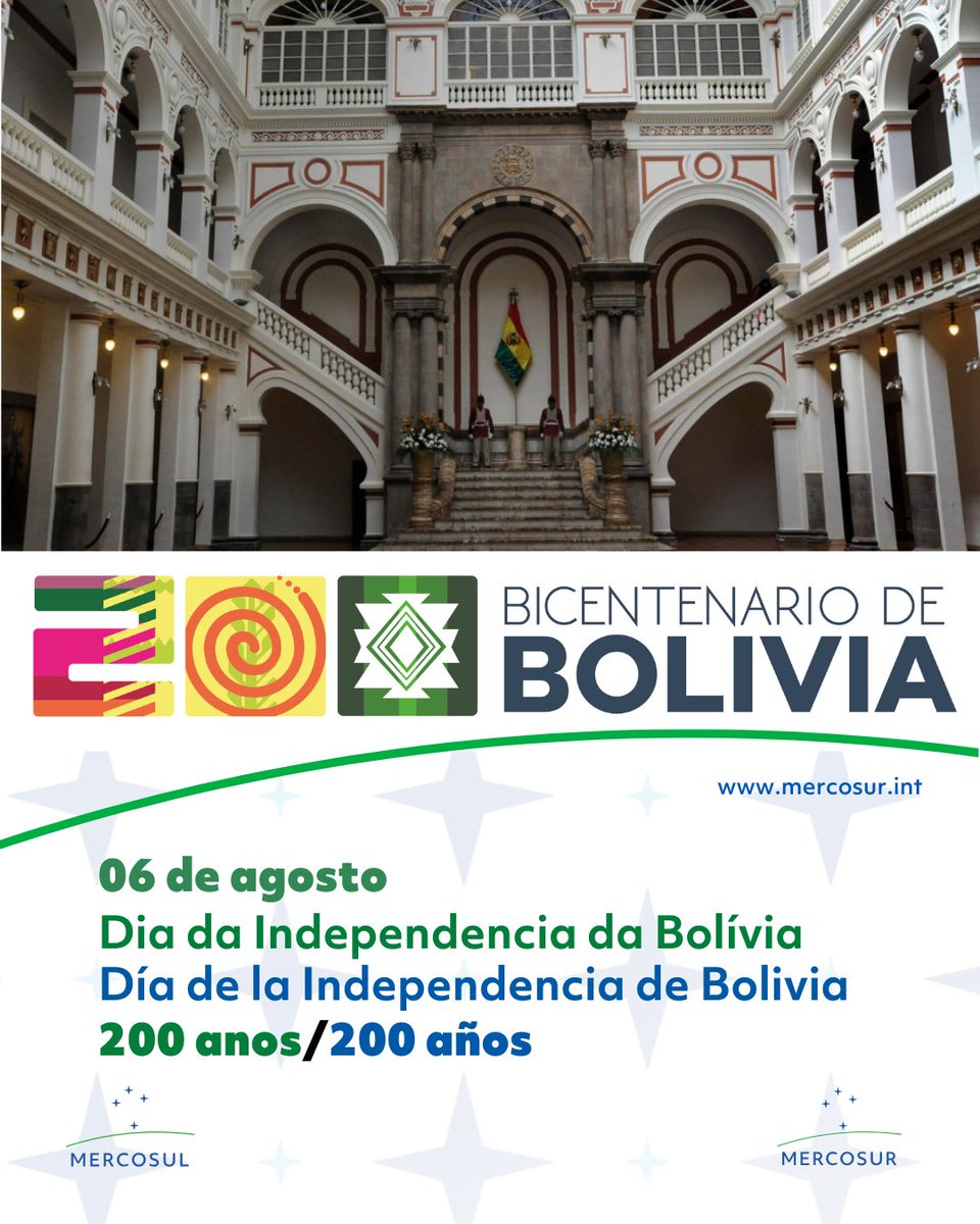 [PT] O MERCOSUL saúda o Estado Plurinacional da 🇧🇴 Bolívia pelo Bicentenário de sua Independência.
🎖️ 200 anos de sonhos, lutas e vitórias.
🤝 Parabéns ao povo boliviano por esta data histórica!

[ES] El MERCOSUR saluda al Estado Plurinacional de 🇧🇴 Bolivia en el Bicentenario de