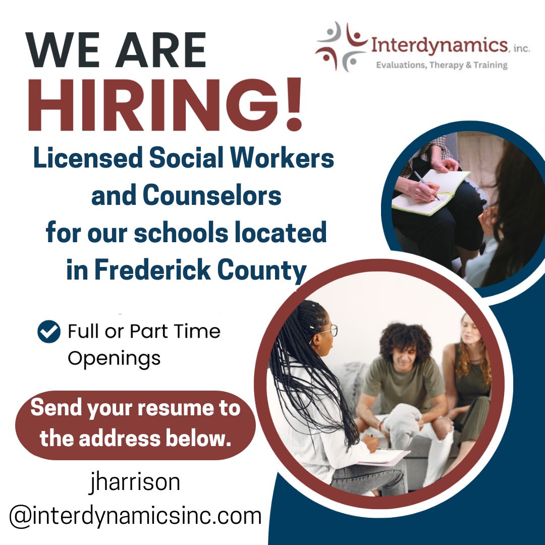 HQinterdynamics's tweet photo. We're expanding our team! Interdynamics, Inc. is seeking Maryland-licensed LCSW-C, LCPC, and clinical psychologists to work in Frederick County public schools. Send your resume to the email address on the graphic. And give us a retweet to help spread the word! https://t.co/F5DwLhOozW