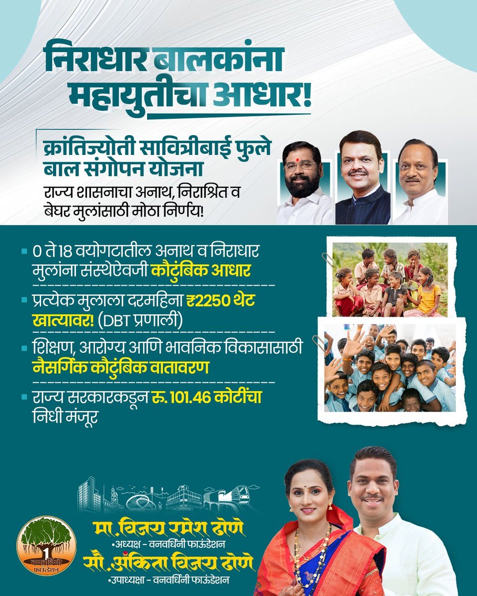 vijaydfficial's tweet image. महाराष्ट्र शासनाने ‘क्रांतिज्योती सावित्रीबाई फुले बालसंगोपन योजना’अंतर्गत एक महत्त्वपूर्ण निर्णय घेतला असून, संस्थेऐवजी बालकांना पर्यायी कुटुंब व्यवस्था उपलब्ध करून देण्यावर भर देण्यात येत आहे. 

#childprotection #welfareprogram #maharashtraupdates #careforkids #socialchange