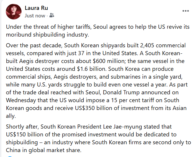 The US needs South Korea's help to revive its moribund shipbuilding industry.