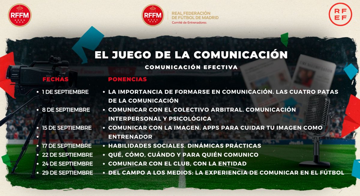RFFM (@rffm_oficial) on Twitter photo El próximo 1⃣ de septiembre comienza el curso 'EL JUEGO DE LA COMUNICACIÓN', impulsado por el Área de <a href="/EntrenadoRffm/">Comité y Escuela de Entrenadores de la RFFM</a> y dirigido por <a href="/luzmz5/">Luz Monzón</a>
Luz Monzón, Antonio Sanz (<a href="/BahiaFutbol/">Bahía Internacional</a>) y <a href="/matallanas/">Javier Gómez Matallanas 🇪🇸</a> (<a href="/rfef/">RFEF</a>) serán ponentes de lujo en la primera jornada
🔗 onformacion.rfef.es/fed/G1FLTeRZAg… El próximo 1⃣ de septiembre comienza el curso 'EL JUEGO DE LA COMUNICACIÓN', impulsado por el Área de <a href="/EntrenadoRffm/">Comité y Escuela de Entrenadores de la RFFM</a> y dirigido por <a href="/luzmz5/">Luz Monzón</a>
Luz Monzón, Antonio Sanz (<a href="/BahiaFutbol/">Bahía Internacional</a>) y <a href="/matallanas/">Javier Gómez Matallanas 🇪🇸</a> (<a href="/rfef/">RFEF</a>) serán ponentes de lujo en la primera jornada
🔗 onformacion.rfef.es/fed/G1FLTeRZAg…