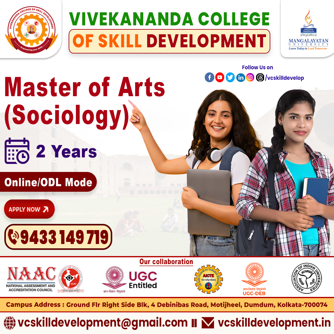vcskilldevelop's tweet image. 📚Unlock the Power of Society with an MA in Sociology!🌍
🔍Explore social change, culture, human behavior & development with Vivekananda College of Skill Development.
✅ UGC Recognized
✅ Expert Faculty
✅ Research & Fieldwork-Oriented Curriculum
✅ Skill-Based Learning Approach