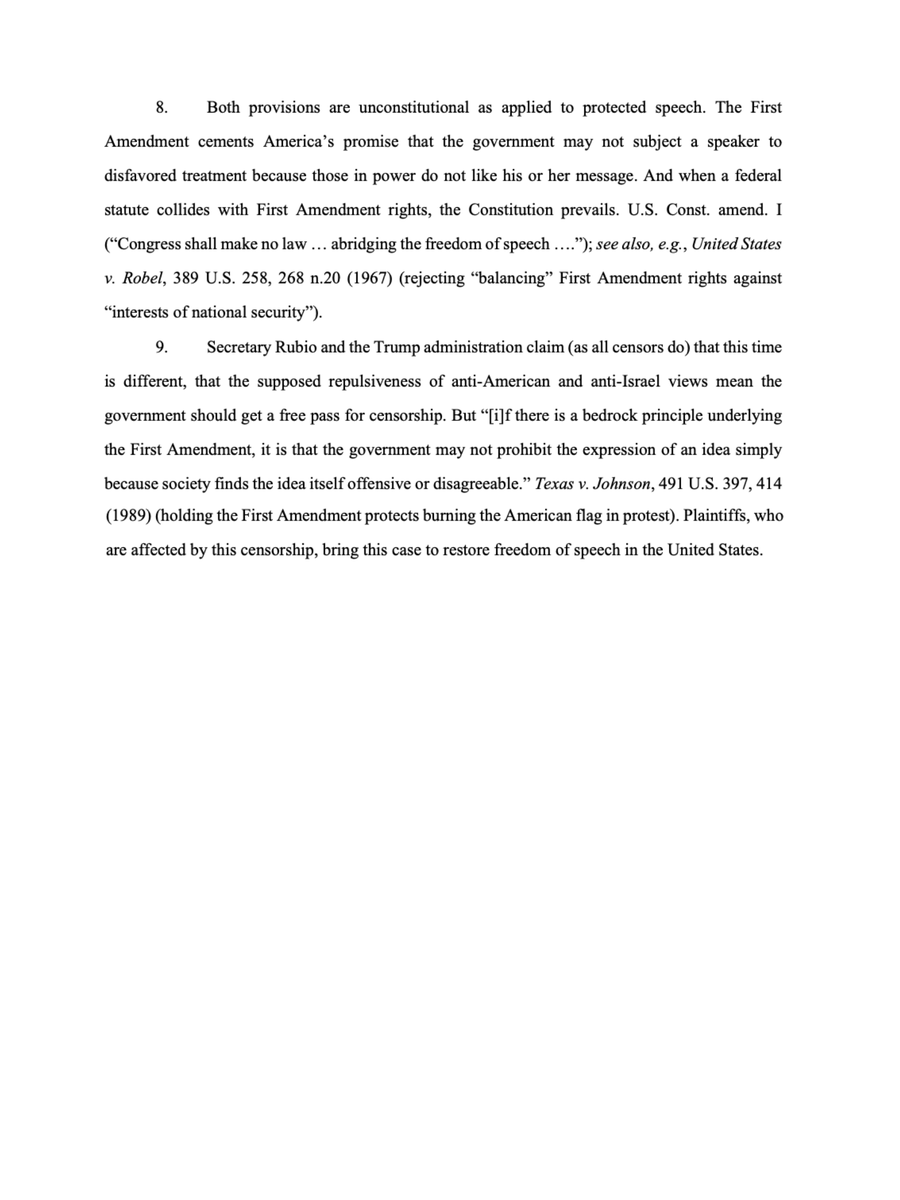 2/ FIRE’s suit seeks a landmark ruling that the First Amendment bars the government from deporting noncitizens for protected speech. Rubio has invoked two immigration laws—one allowing him to revoke visas, another letting him target speech seen as a threat to U.S. foreign policy.