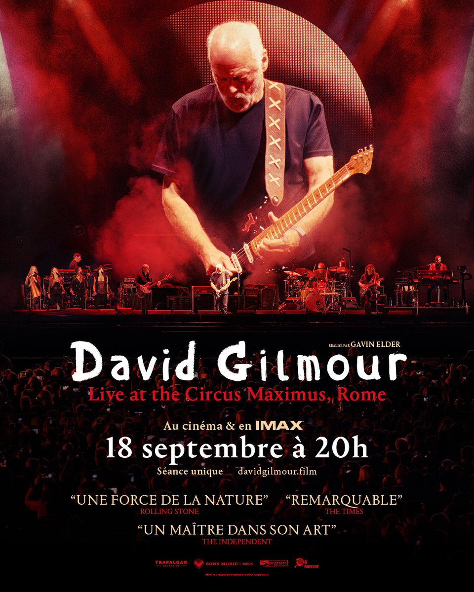 DAVID GILMOUR LIVE AT THE CIRCUS MAXIMUS, ROME Un concert unique mêlant les titres de son dernier album et ses classiques légendaires avec Pink Floyd.
Rendez-vous le jeudi 18 septembre à 20h, exclusivement au cinéma.
🎟️davidgilmour.film
#DavidGilmourFilm