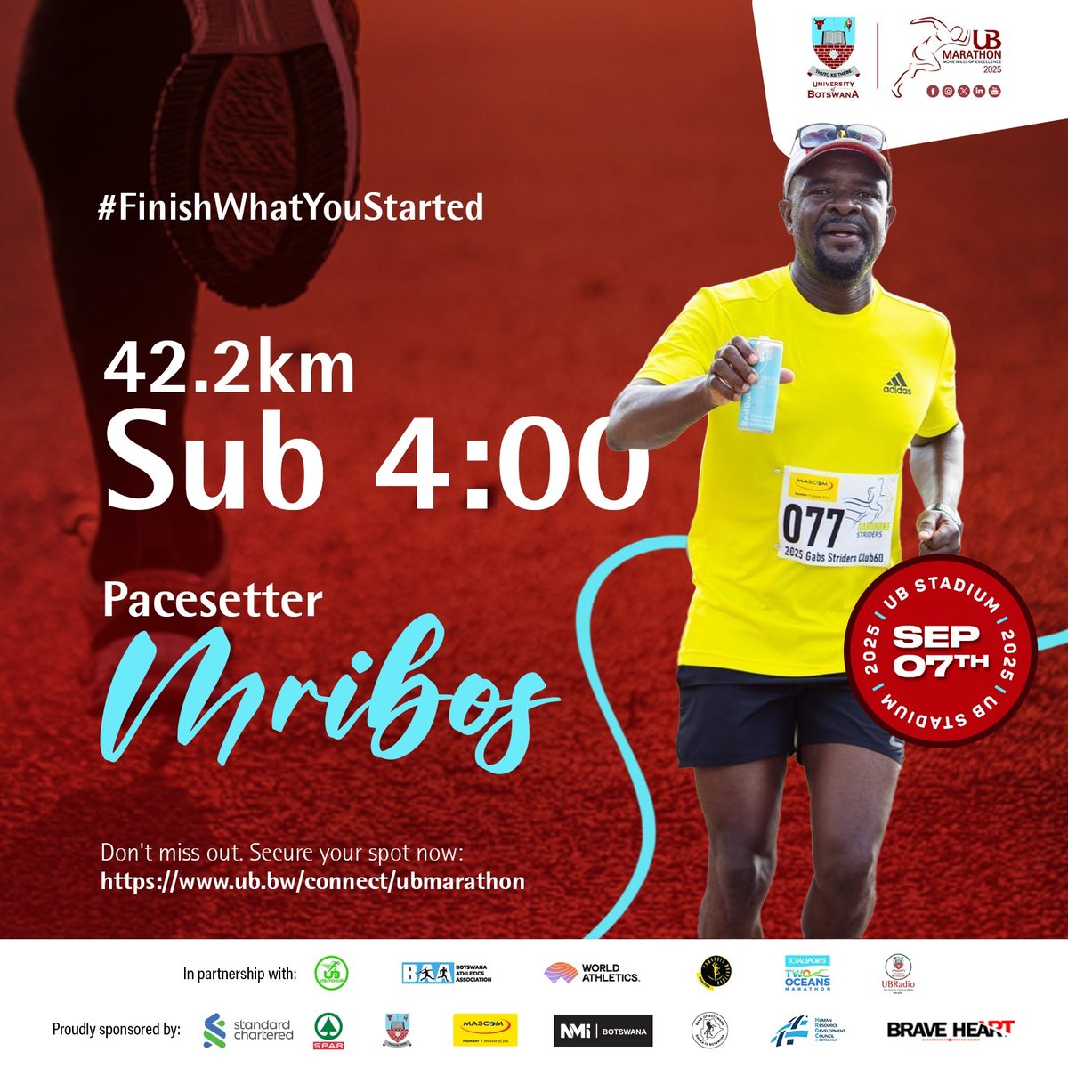 UBBotswana's tweet image. UB Marathon 42.2km Pacesetter!
Mribos
#FinishWhatYouStarted
 
 Secure your spot! Register now: ub.bw/connect/ubmara… 
 
For enquiries contact +267 75590693/ 71580514 
 
#ubmarathon2025 
#doitforbasco 
#runforapurpose