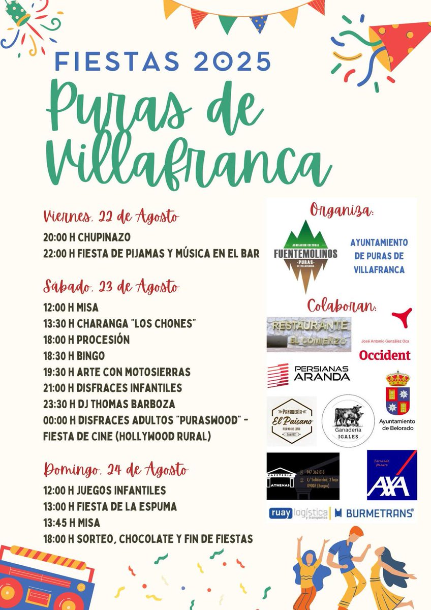 BeloradoTurismo's tweet photo. 🎉Saca la agenda de agosto y apunta‼️
🥳Fiestas de Puras de Villafranca
📅22, 23 y 24 de agosto 2025
#BeloradoTieneTirón https://t.co/l57Za4YRKf