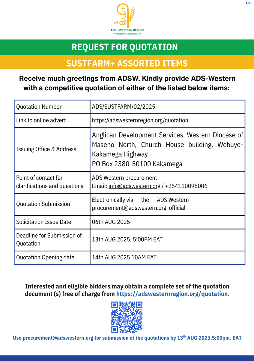 ADSWesternR's tweet photo. CALL FOR QUOTATIONS
ASSORTED ITEMS
Receive warm greetings from ADS-Western.
We kindly invite you to submit a competitive quotation for any of the listed items available on our website at: https://t.co/VLQo1AldWg
Submit your quotations by 13th AUG,5:00pm. EAT
#ADSWestern https://t.co/8LIQJnuKKa