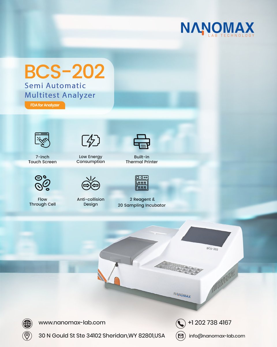Nanomaxlab's tweet image. Introducing the Nanomax BCS-202 – a semi-automatic biochemistry analyzer combining precision and flexibility.
🧪 7&quot; touchscreen
⚙️ Flow-through cell tech
✅ Energy-efficient
📦 Built-in printer
Reliable results, streamlined workflow.
#Nanomax #BiochemistryAnalyzer #LabTech