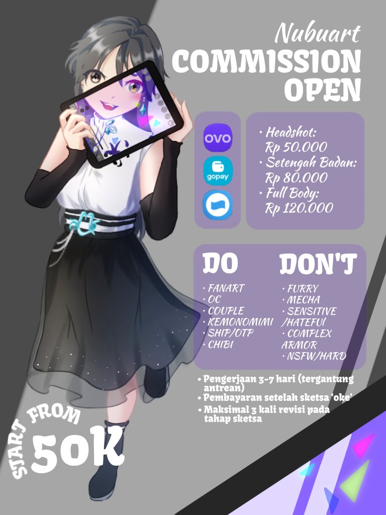 Nubu_Commission art (@nubuart154) on Twitter photo Haloo!^^ aku buka Commission art style anime. MULAI DARI 50K. Yang tertarik bisa DM ya~^^~
Kalo ada yang mau berkawan juga boleh~
<a href="/chewkismis/">Ninu🌙 | commission open</a> <a href="/vlinderhugz/">Piqi 🌹 OPEN COMMS ON PINNED</a>
#commissionopen #artcommission #commissions #senimanindonesia #digitalart #jasagambar #zonauang #artmoots Haloo!^^ aku buka Commission art style anime. MULAI DARI 50K. Yang tertarik bisa DM ya~^^~
Kalo ada yang mau berkawan juga boleh~
<a href="/chewkismis/">Ninu🌙 | commission open</a> <a href="/vlinderhugz/">Piqi 🌹 OPEN COMMS ON PINNED</a>
#commissionopen #artcommission #commissions #senimanindonesia #digitalart #jasagambar #zonauang #artmoots