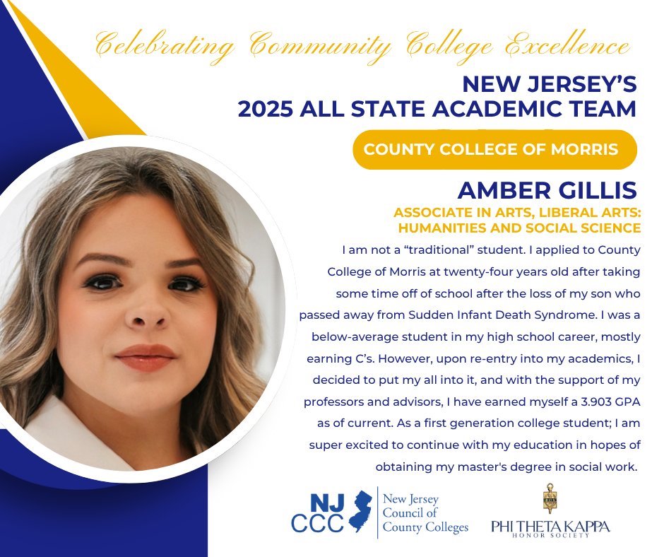 NJ's Community Colleges (@njcommcolleges) on Twitter photo Community colleges change lives — and students like Amber Gillis prove it. 
Congratulations to @CountyCollegeMorris own on being named to the 2025 NJ All-State Academic Team! 
#NJAllStateAcademicTeam #IamPTK @phithetakappa Community colleges change lives — and students like Amber Gillis prove it. 
Congratulations to @CountyCollegeMorris own on being named to the 2025 NJ All-State Academic Team! 
#NJAllStateAcademicTeam #IamPTK @phithetakappa