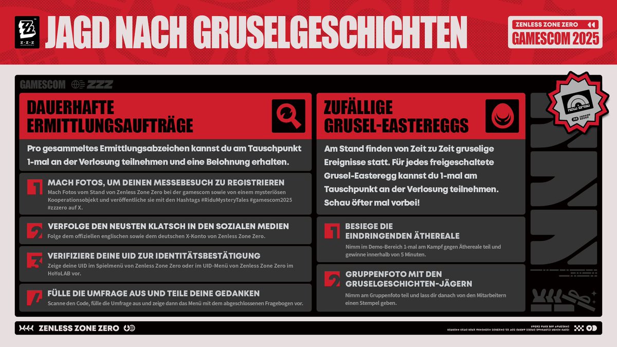 ZZZ_DEU's tweet image. 🎁Erkundungsleitfaden von Zenless Zone Zero für die gamescom 2025

Lieber Proxy, bitte bewahre diesen Erkundungsleitfaden von Zenless Zone Zero sicher auf!
Schließ dich Yuzuha und Alice an, um die gruseligen Messemysterien zu untersuchen, deinen Mut auf die Probe zu stellen und…