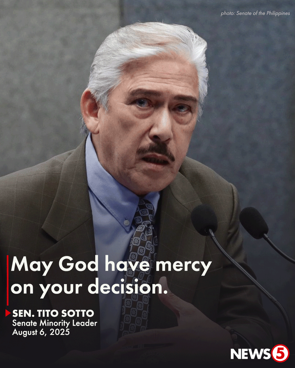 News5PH's tweet photo. 'I KNOW FOR A FACT, ONCE IT IS ARCHIVED, IT IS DEAD'

Ito ang reaksyon ni Senate Minority Leader Tito Sotto matapos matalo sa botohan ang kaniyang mosyong i-table ang mosyong i-archive ang articles of impeachment laban kay Vice Pres. Sara Duterte.

Isinulong ni Sotto na huwag munang pagbotohan ang mosyon para i-archive ang impeachment upang mahintay ang final decision ng Korte Suprema lalo't may nakahain pang motion for reconsideration.

Giit ng minority leader, may mga pagkakamali sa desisyon ng SC. Pagkakataon din umano ito para maitama ang mali sa desisyon para sa susunod na impeachment cases. | via Maeanne Los Baños-Oroceo
