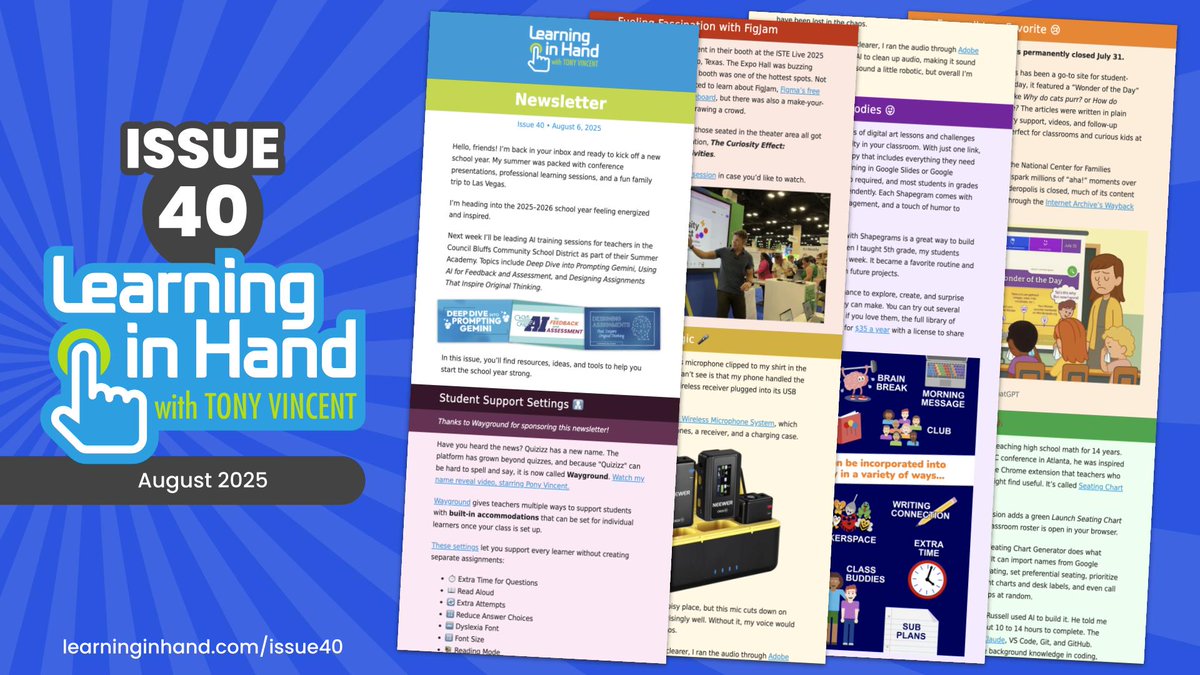 The first issue for August has landed! 🛬

🪜‍Wayground Student Support Settings
🚀 Fueling Fascination with FigJam
🎤 Microphone Magic
😜 Grab and Go Goodies
😢 Farewell to a Favorite
🪑 Smart Seating
🙌 Fantastic First Five
👋 Goodbye for Good Goo․gl

learninginhand.com/issue40