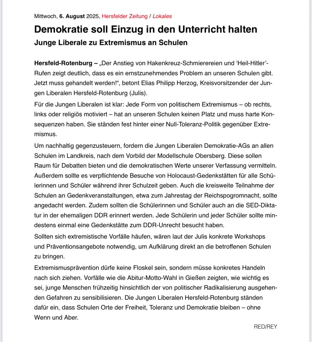 julis_hefrof's tweet image. Über unser JuLi-Konzept zur konsequenten Bekämpfung von Extremismus an Schulen hat heute die Hersfelder Zeitung berichtet.