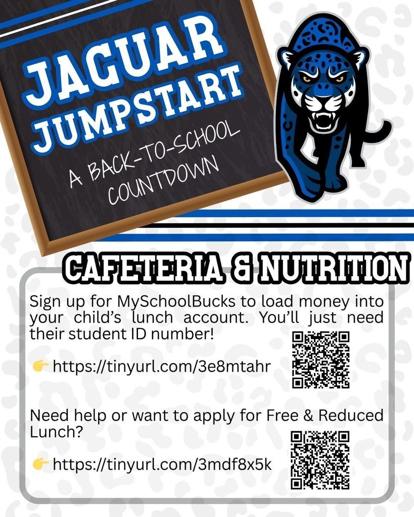 Jaguar Jumpstart Tip 3: 

💵 Load lunch money with MySchoolBucks—just need your child’s ID!
👉 tinyurl.com/3e8mtahr

🍎 Apply for Free &amp; Reduced Lunch or get help:
👉 tinyurl.com/3mdf8x5k