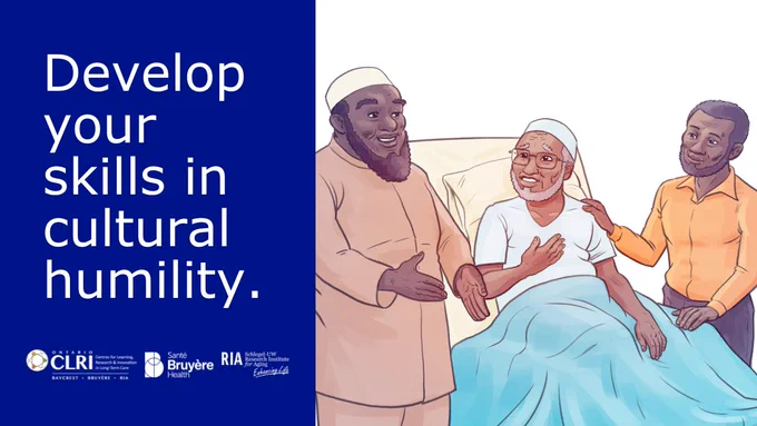 An illustration of a muslim long-term care home resident and his son speaking with an imam with the text, “Develop your skills in cultural humility”.