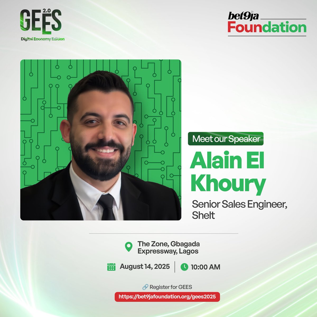 Speaker Announcement: Alain El Khoury

We are excited to have Alain El Khoury, Senior Sales Engineer at Shelt, a seasoned professional driving innovation in the cybersecurity space.

Date: August 14, 2025
Venue: The Zone, Gbagada Expressway, Lagos
Register for FREE at: