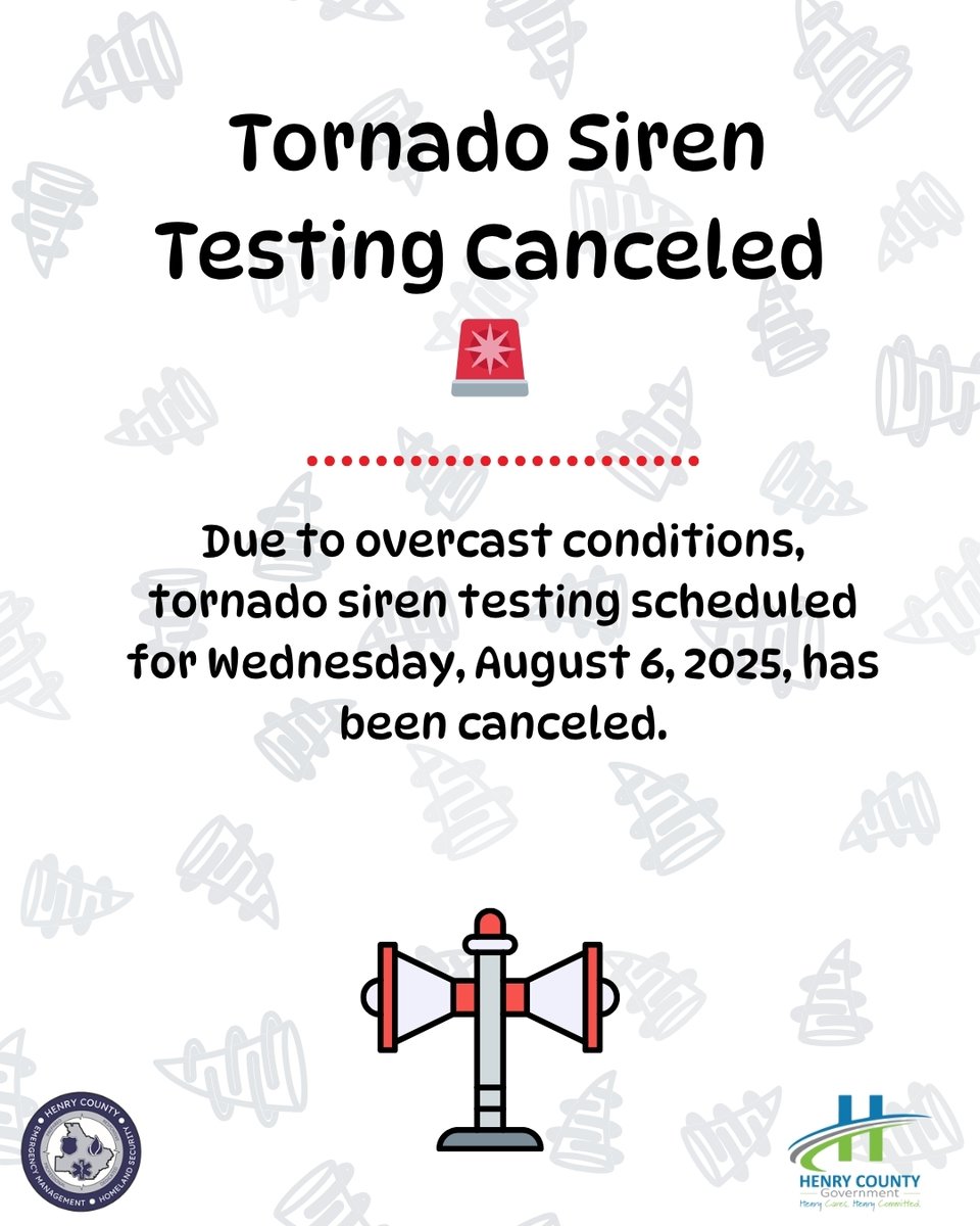 📷 📷 TORNADO SIREN TESTING CANCELED  📷 📷
Due to overcast conditions, tornado siren testing scheduled for
Wednesday, August 6, 2025, has been canceled.