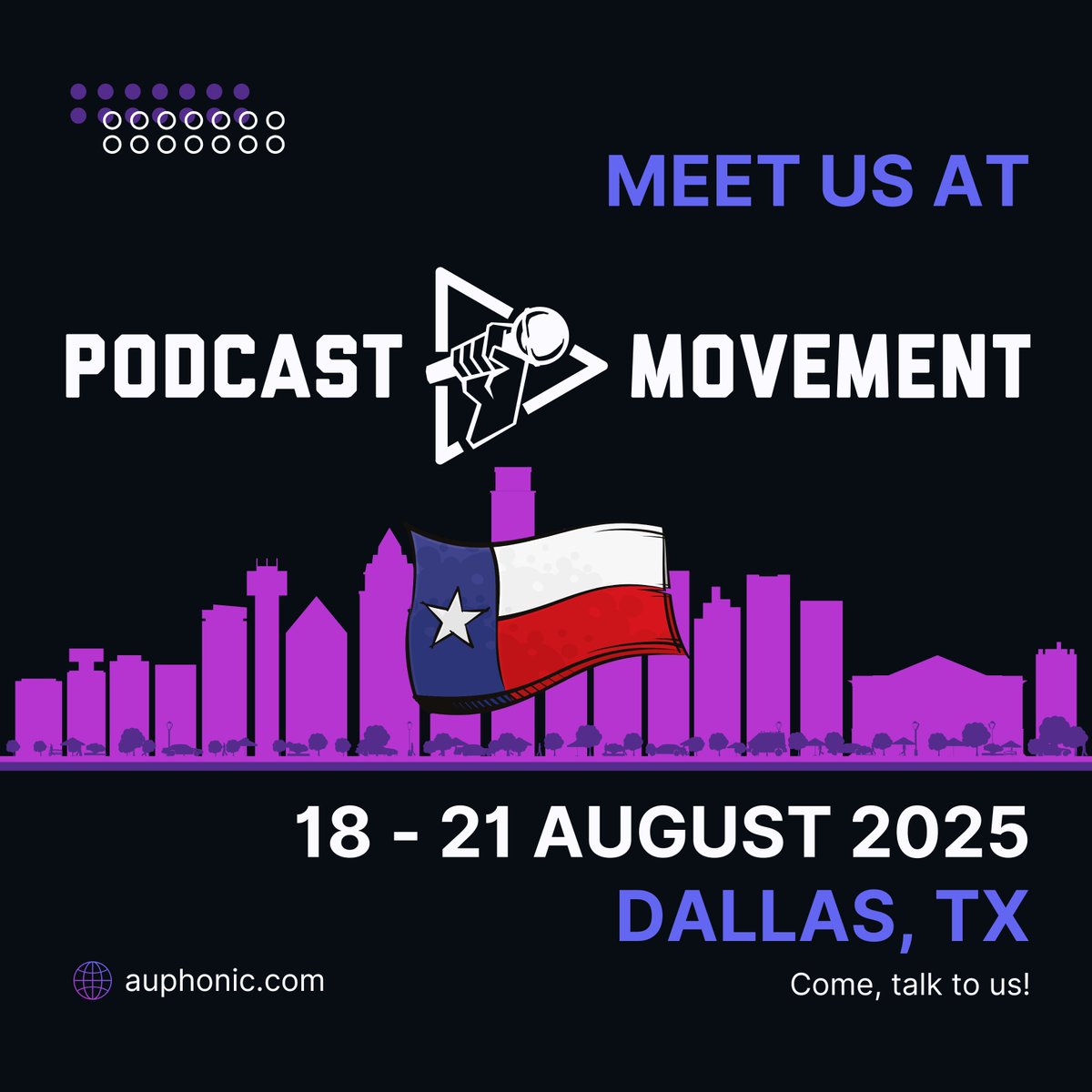 🎙️ Auphonic at Podcast Movement 2025 – Dallas, TX 🇺🇸

We’re excited to be part of this year’s Podcast Movement!

Looking forward to great conversations!
Let’s connect, talk audio, and build what’s next together. ☕️

#PodcastMovement #Podcasting #AudioExcellence #Auphonic