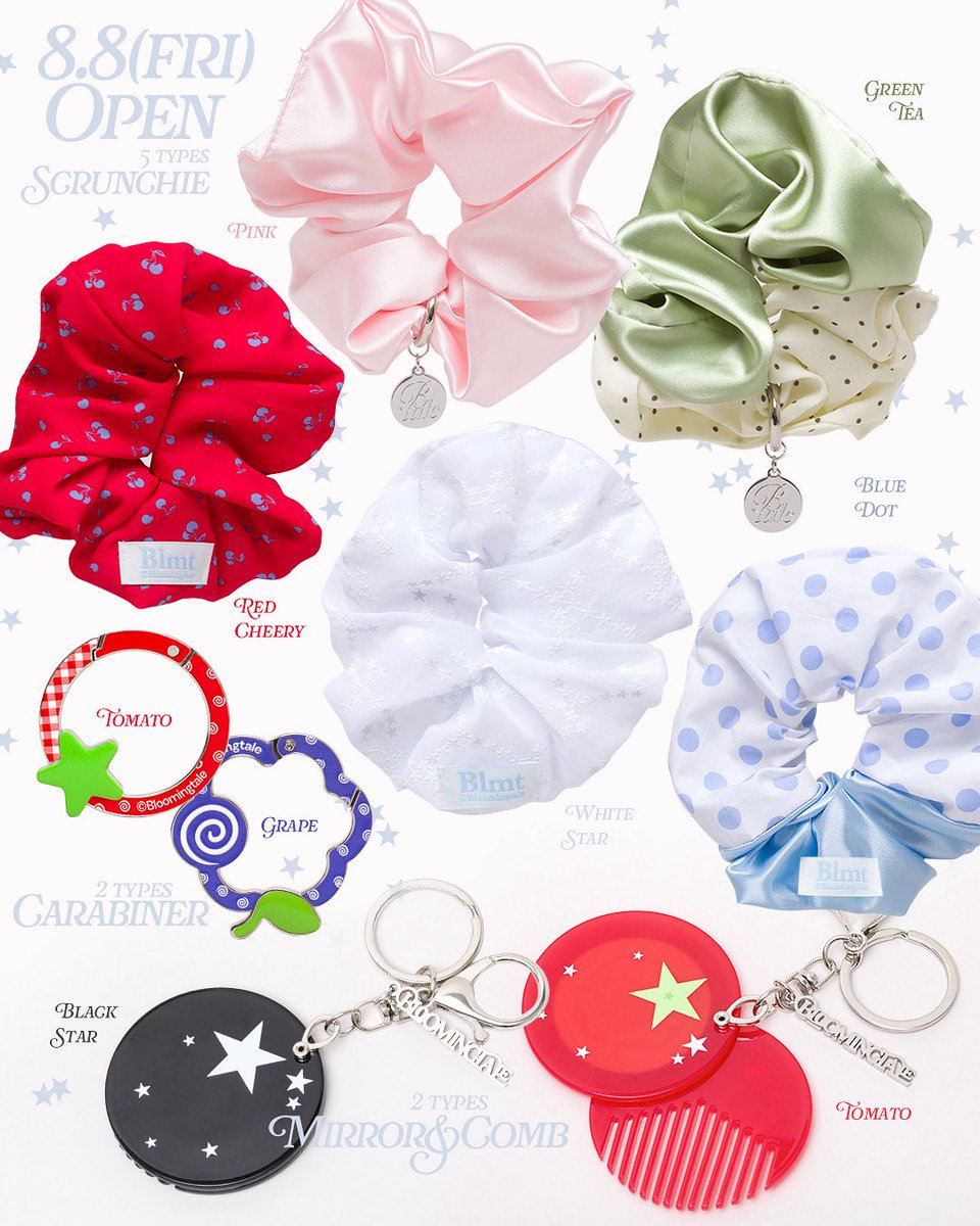 ⭐️8월 8일(금) OPEN⭐️
Fruty Vibes 2nd Season -
다양한 신상들 등장🫶

5종 스크런치
- 반반 녹차도트
- 반반 블루도트
- 실키 핑크
- 화이트 스타
- 레드 체리

2종 카라비너
- 토마비너
- 포도비너

2종 거울&amp;빗 키링
- 토마토
- 블랙 스타

케이스 신상부터, 시즌 1 인기 상품 전체🫶
요청이