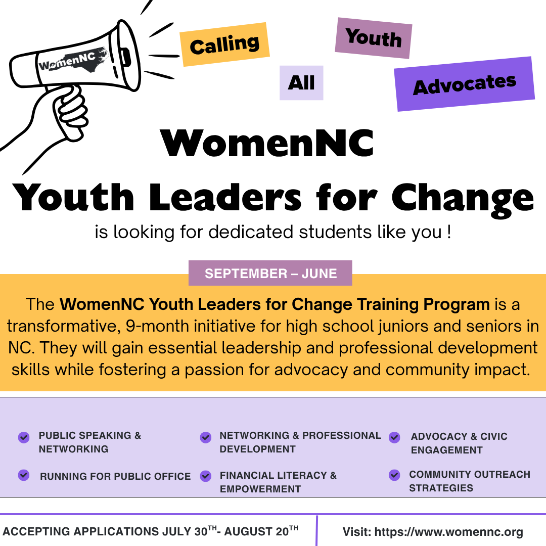 🚨 Limited spots available—don’t miss your chance to be part of the movement!

#YouthLeadersNC #WomenNC #LeadTheChange #CivicLeadership #NextGenVoices #ApplyNow #YouthPower