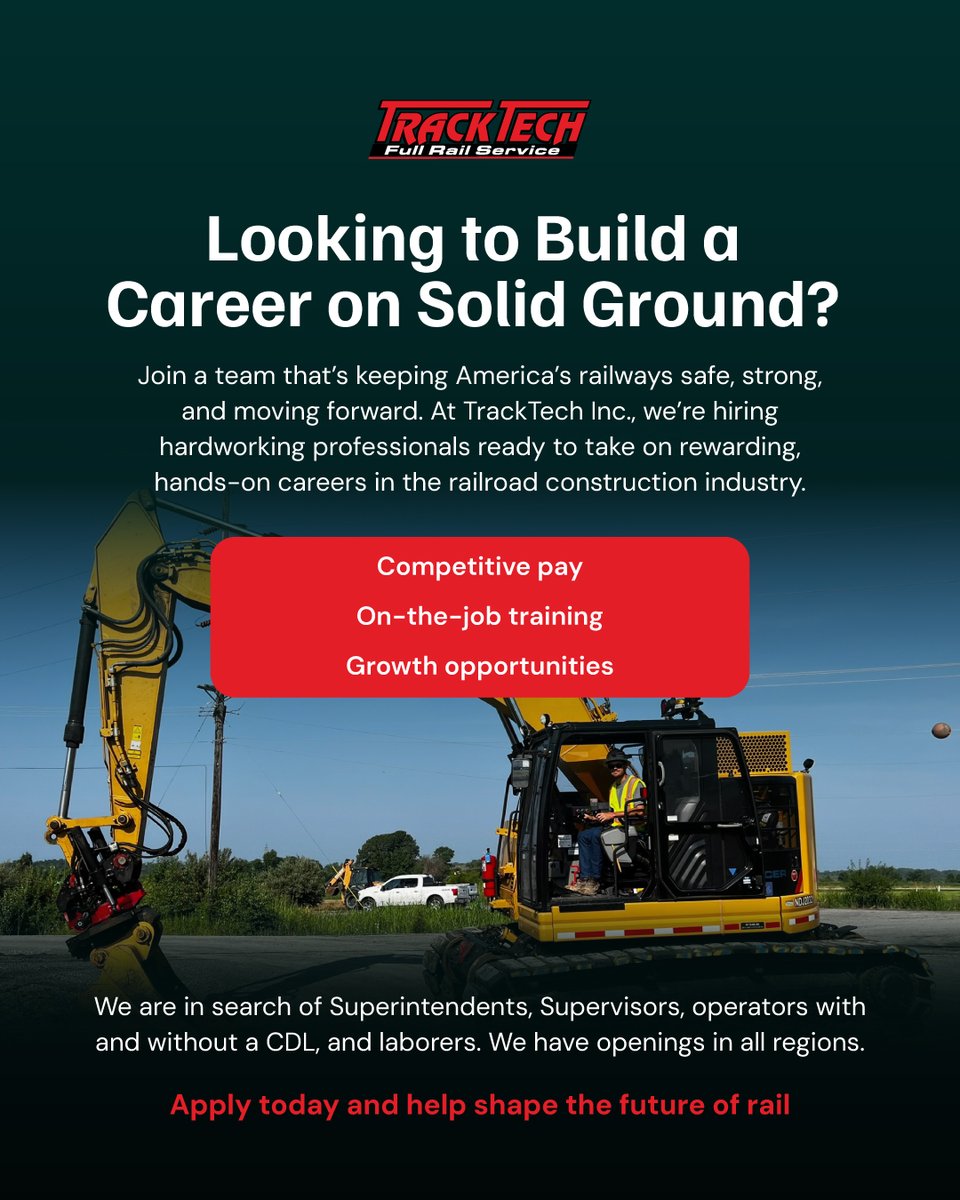 TrackTech_Inc's tweet image. Now Hiring at Track Tech!

Ready to build your future on solid ground? We&apos;re looking for dedicated individuals to join our team and keep America’s railways moving.

#RailJobs #TrackTechInc #RailroadCareers #NowHiring #InfrastructureJobs #BuildYourFuture