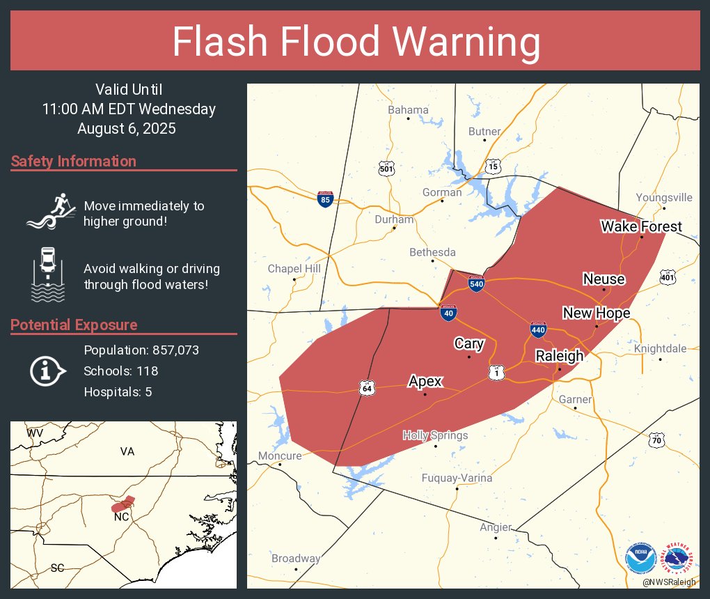 Flash Flood Warning including Raleigh NC, Cary NC and  Apex NC until 11:00 AM EDT