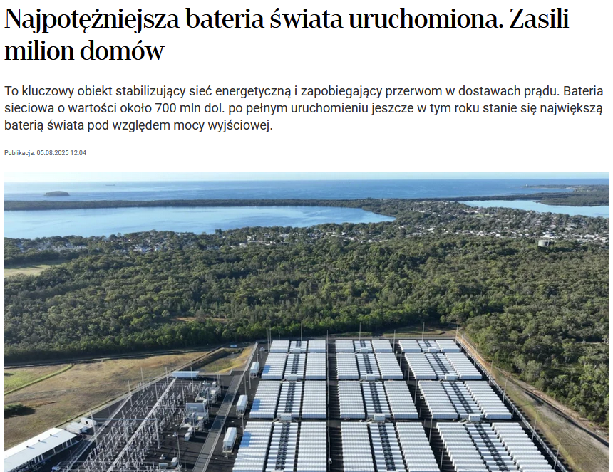 Właśnie w 🇦🇺 rozpoczął pracę jeden z największych bateryjnych magazynów energii elektrycznej, Waratah Super Battery, obsługiwana przez Akaysha Energy  należącą do funduszu BlackRock 🥳

Parametry jednostki:
- koszt - około 700 mln $
- moc - 850 MW
- pojemność - 1680 MWh