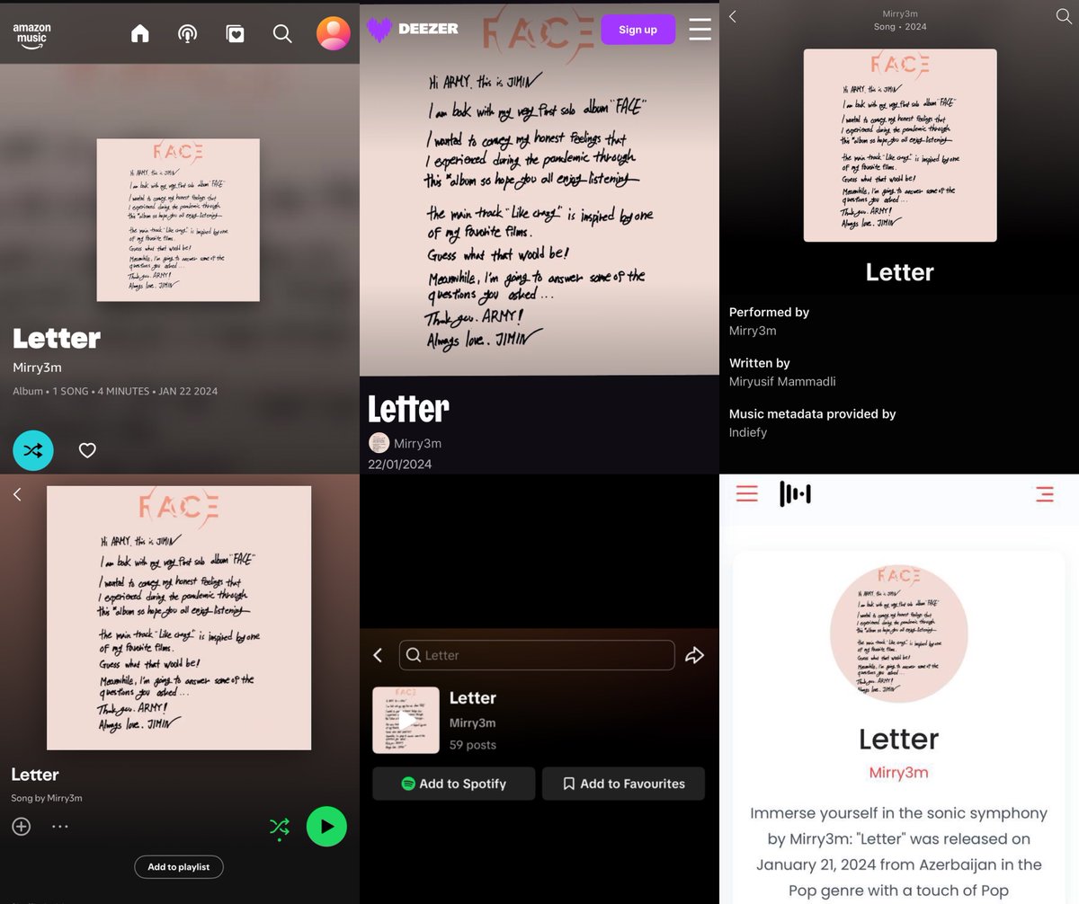 PROTECT JM & JK (@jikookreports) on Twitter photo Jiminโs โLetterโ was stolen and copyrighted under the name Mirry3m (Miryusif Mammadli) on Jan 21, 2024, across Spotify, YouTube Music, TikTok, Amazon Music, Deezer & Indiefy. This needs urgent action!
<a href="/BIGHIT_MUSIC/">BIGHIT MUSIC</a> <a href="/HYBEOFFICIALtwt/">HYBE OFFICIAL</a> <a href="/bts_bighit/">BTS_official</a>
โ protect.hybecorp.com report Jiminโs โLetterโ was stolen and copyrighted under the name Mirry3m (Miryusif Mammadli) on Jan 21, 2024, across Spotify, YouTube Music, TikTok, Amazon Music, Deezer & Indiefy. This needs urgent action!
<a href="/BIGHIT_MUSIC/">BIGHIT MUSIC</a> <a href="/HYBEOFFICIALtwt/">HYBE OFFICIAL</a> <a href="/bts_bighit/">BTS_official</a>
โ protect.hybecorp.com report