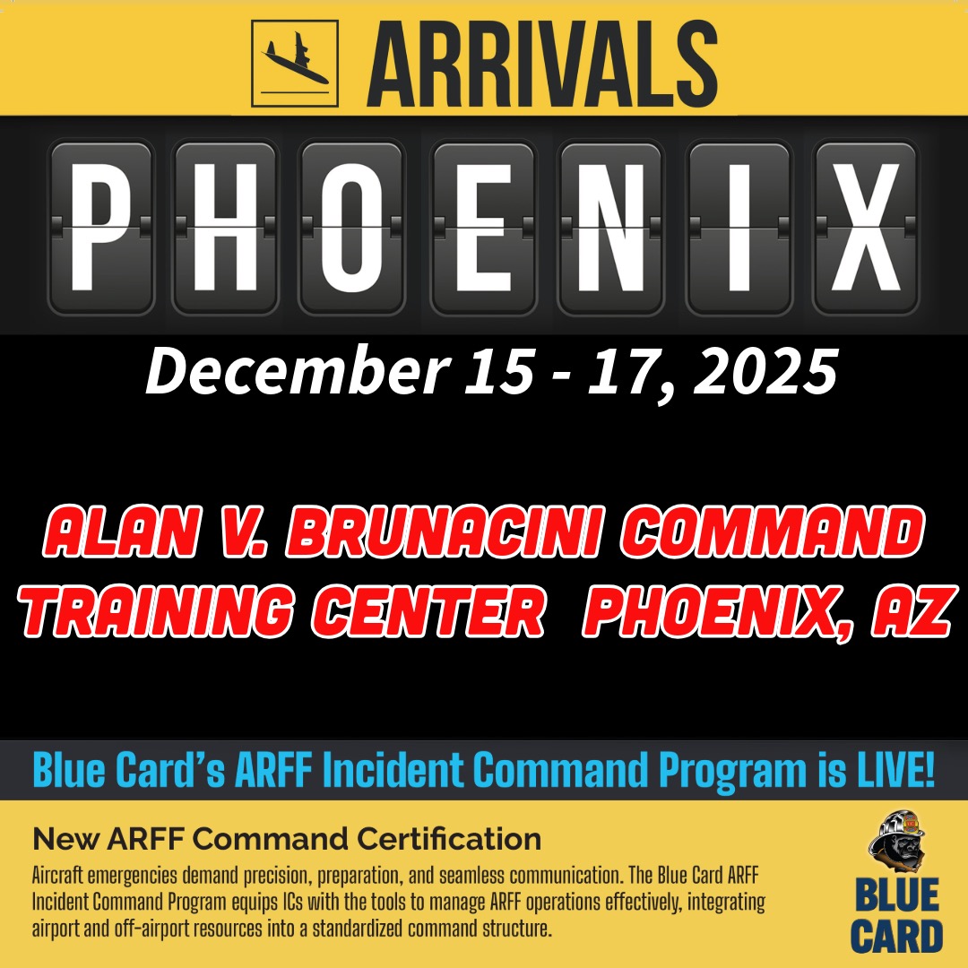 🚨 2nd ARFF Train the Trainer! 🚨
The second Blue Card ARFF Train-the-Trainer is set for Dec. 15–17, 2025 at the Alan V. Brunacini Command Training Center in Phoenix!This immersive course delivers real-world scenarios, proven strategies, and the Eight Functions of Command—all